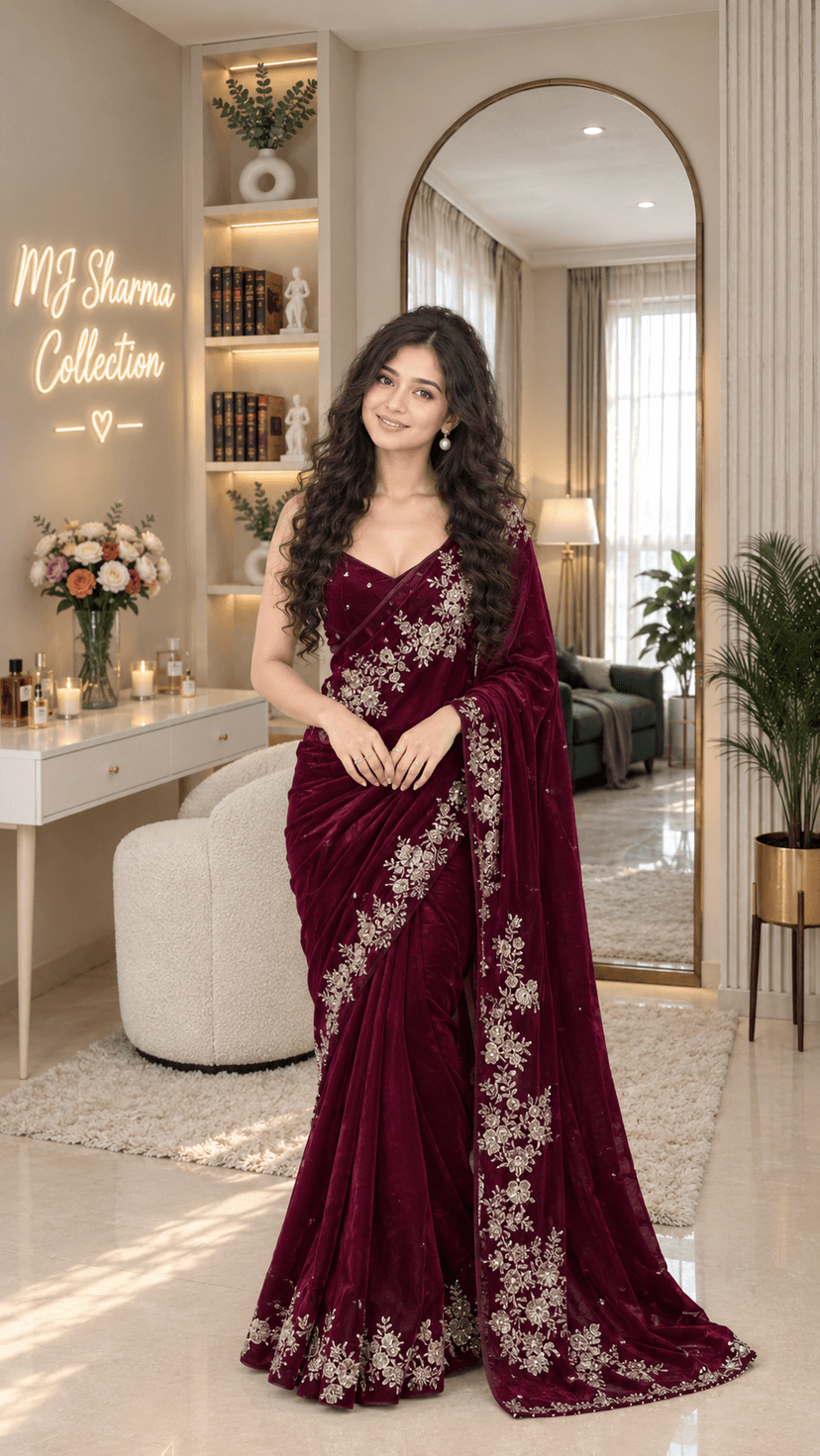 Premium Two-Tone Wine Floral Embroidered Designer Saree