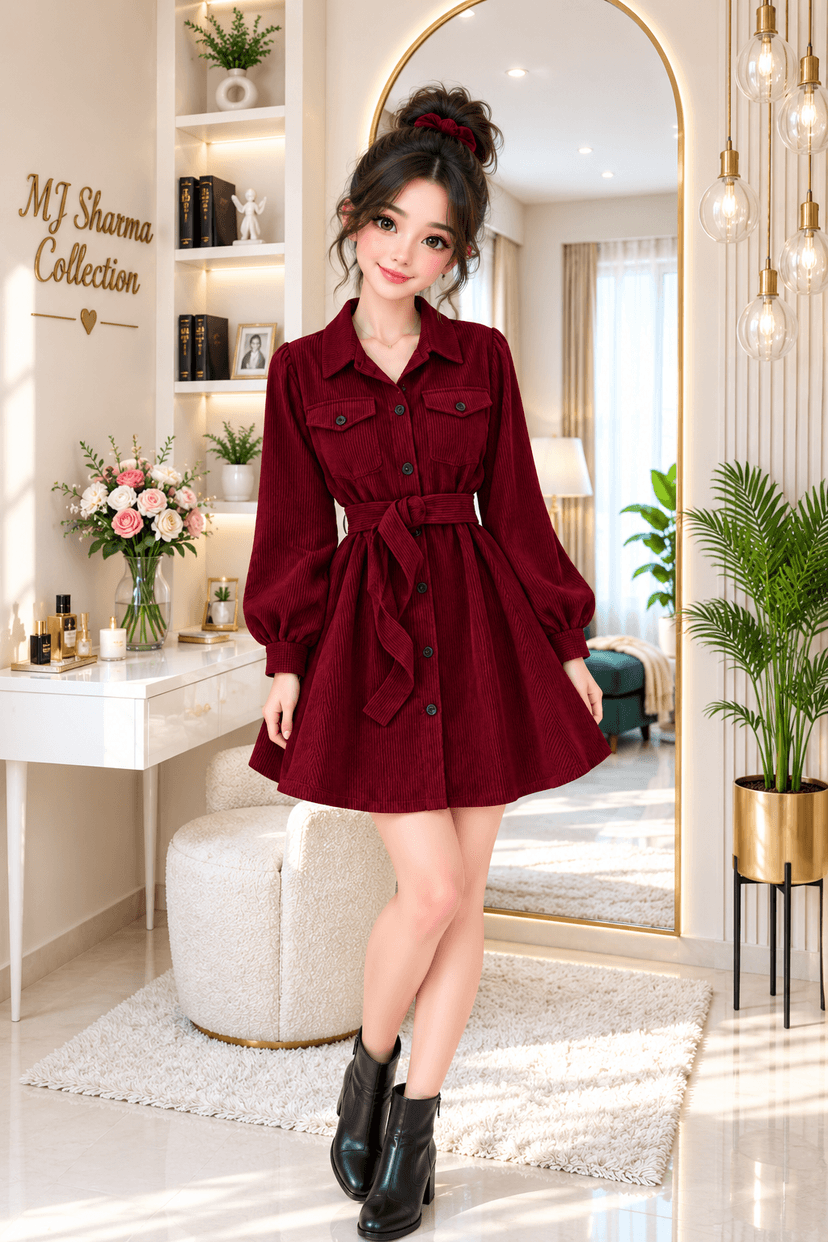 Maroon Corduroy Belted Mini Dress