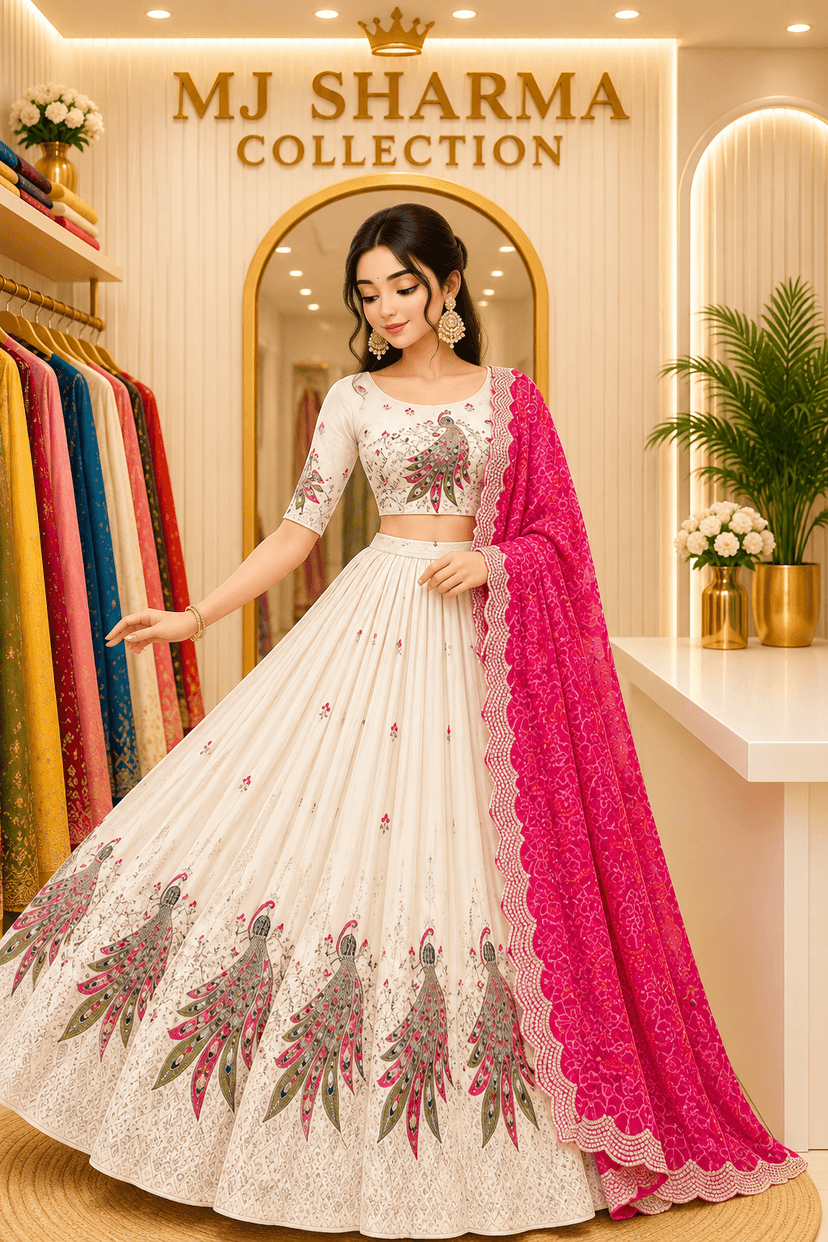 ✨White & Pink Peacock Print Designer Lehenga Set